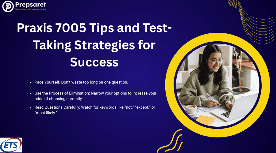 A person studying for the Praxis 7005 exam on a laptop