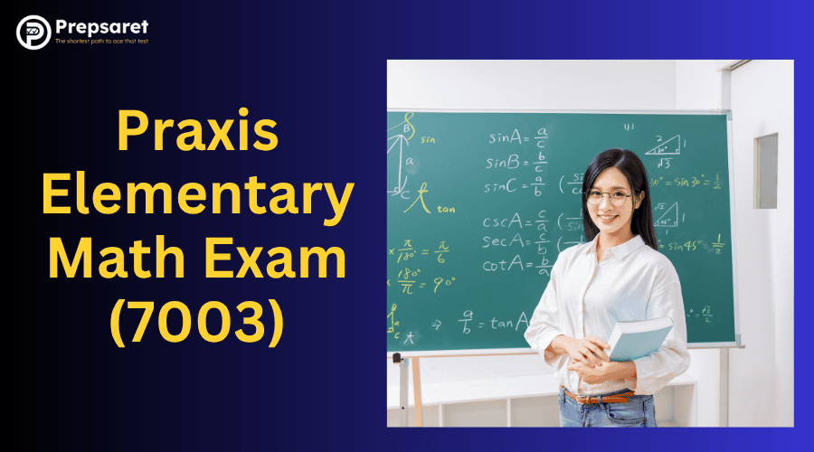 Teacher standing confidently in front of a chalkboard with math formulas, holding books while preparing for the Praxis Elementary Math Exam 7003.