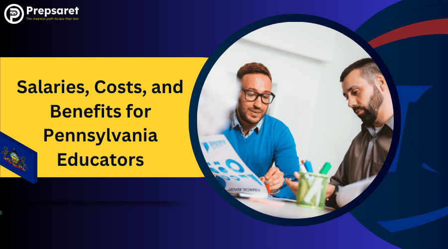 Two educators in Pennsylvania reviewing salary, benefits, and cost information, discussing financial planning for teachers.