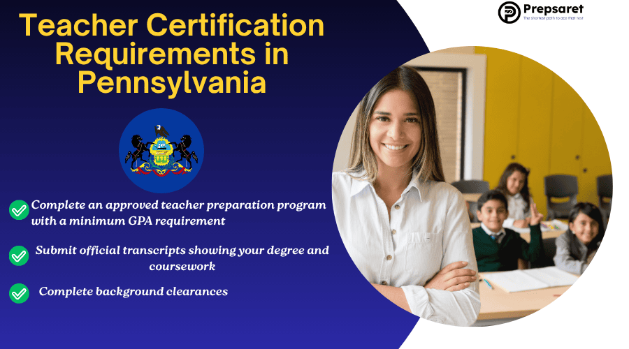 Smiling teacher in Pennsylvania classroom with students, highlighting certification requirements and teaching tips.