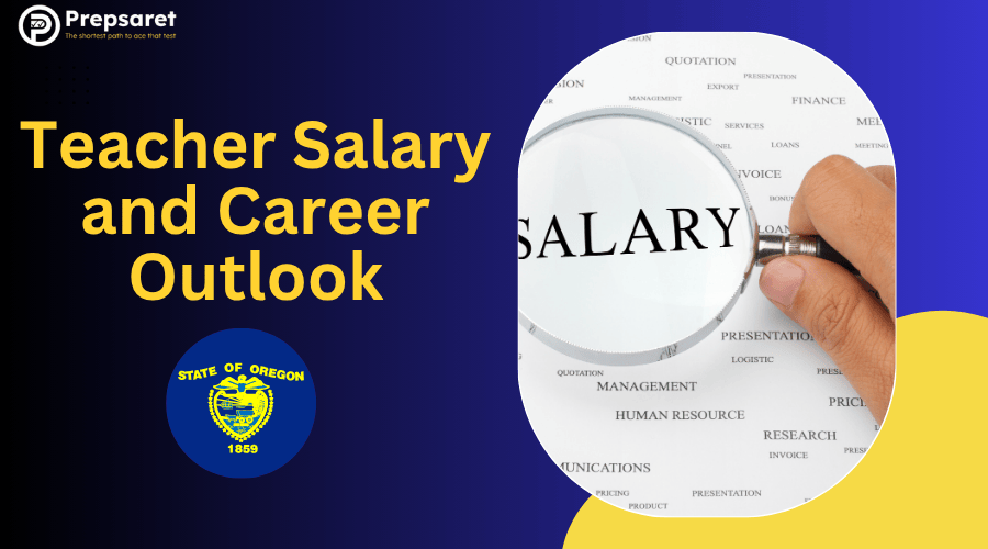 Teacher salary and career outlook in Oregon, hand holding magnifying glass over salary text, educator income and job trends.