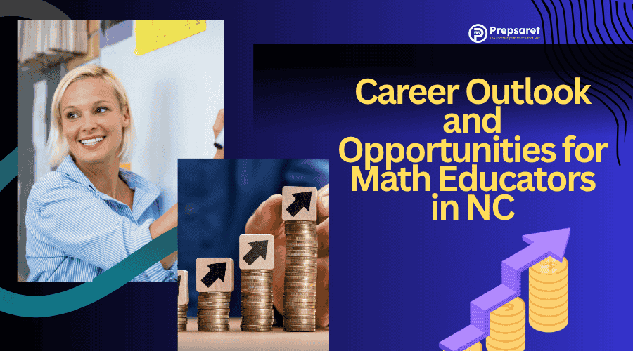 Teacher and rising coin stacks suggesting strong career outlook and job opportunities for math educators in North Carolina