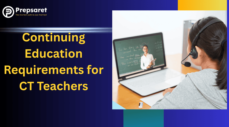 "Continuing education requirements for Connecticut teachers slide showing student watching online math lesson on laptop with headset.