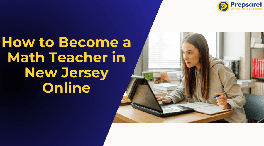 Woman teaching online using a laptop and notes, suggesting the steps to become a math teacher in New Jersey through an online certification pathway, optimized for searches related to becoming a Math teacher in NJ online.