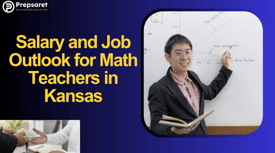 Slide illustrating salary and job outlook for math teachers in Kansas, featuring smiling teacher explaining math graph on whiteboard.