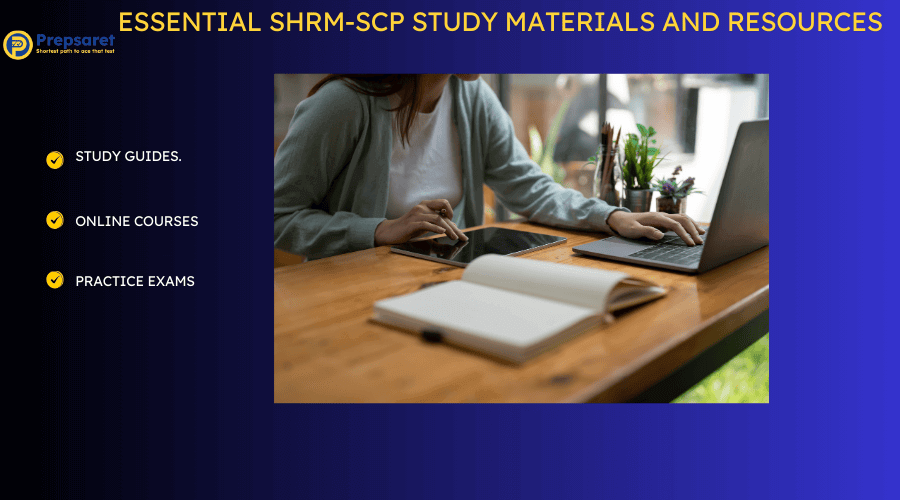 student accessing essential SHRM-SCP study materials and resources on a laptop and MacBook.