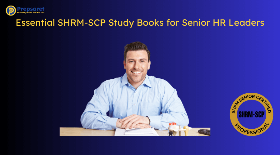 A HR professional using one of the Essential SHRM-SCP Study Books for Senior HR Leaders
