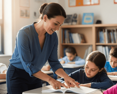 A teacher assisting a young leaner